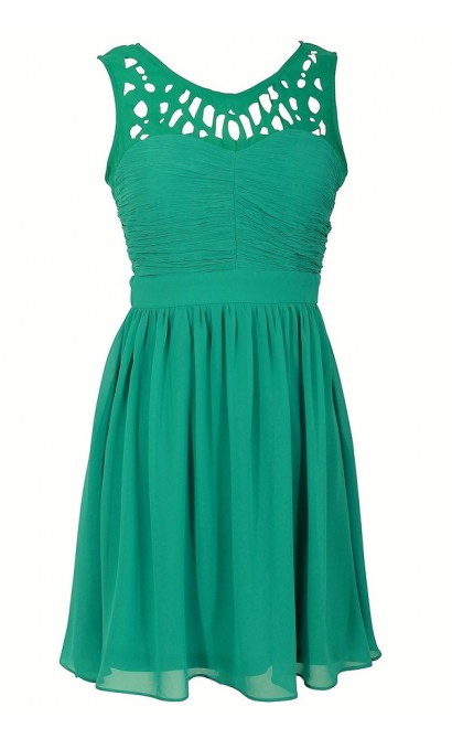 Laser Cut Chiffon Dress in Jade